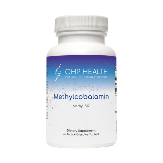 A bottle of Methylcobalamin Methyl B12 for longevity by OHP Health.