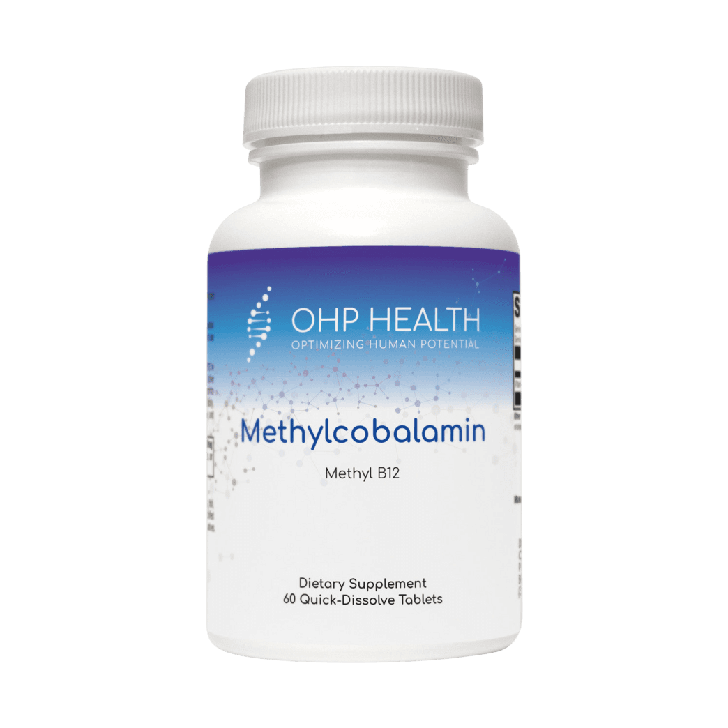 A bottle of Methylcobalamin Methyl B12 for longevity by OHP Health.