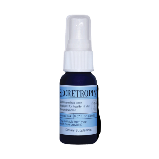 A bottle of Secretropin | 20mL on a black background.