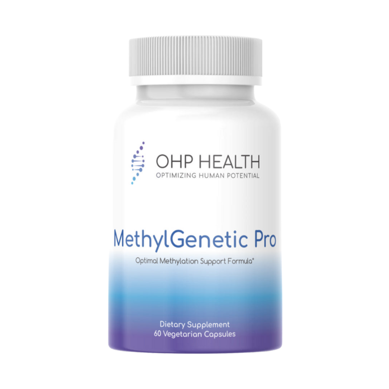 A bottle of MethylGenetic Pro, a supplement by OHP Health that supports longevity.