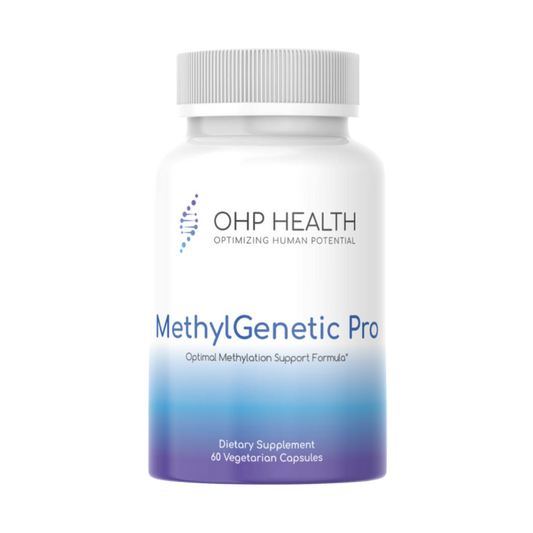 A bottle of MethylGenetic Pro, a supplement by OHP Health that supports longevity.