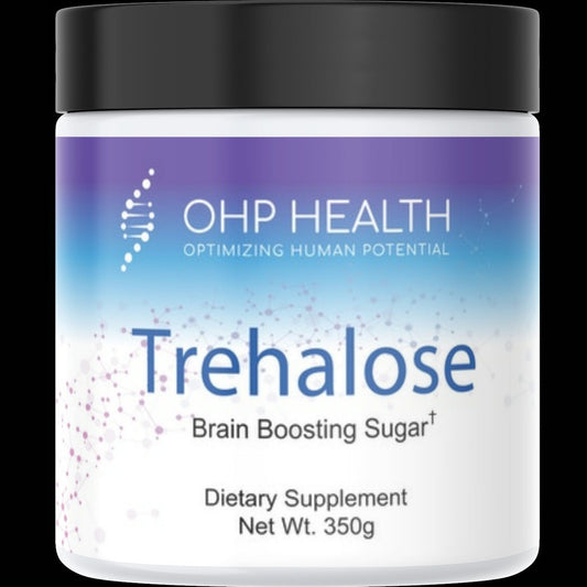 OHP Pharmaceutical-Grade Trehalose Sweetener †
Trehalose is a sugar made up of two glucose molecules connected by a dissarcharide band. Unlike many other sweeteners, trehalose does not result in a glycemic impact and has anti-oxidant and brain-boosting properties.
Trehalose is unique in its ability to cross the blood brain barrier and pass through the cell membrane into the cell. As a result, it has neurotrophic impacts on brain health and brain protection. Furthermore, its permeability through the cell m
