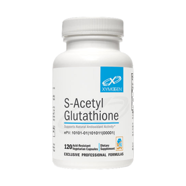 A bottle of S-Acetyl Glutathione, a dietary supplement consisting of 120 acid-resistant DRcaps™ vegetarian capsules from XYMOGEN®, is designed to support oxidative stress biomarkers.