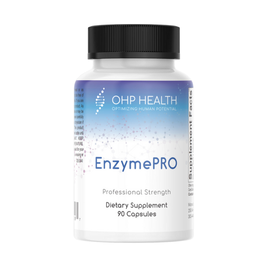 A bottle of EnzymePro | 90 caps with a black background.