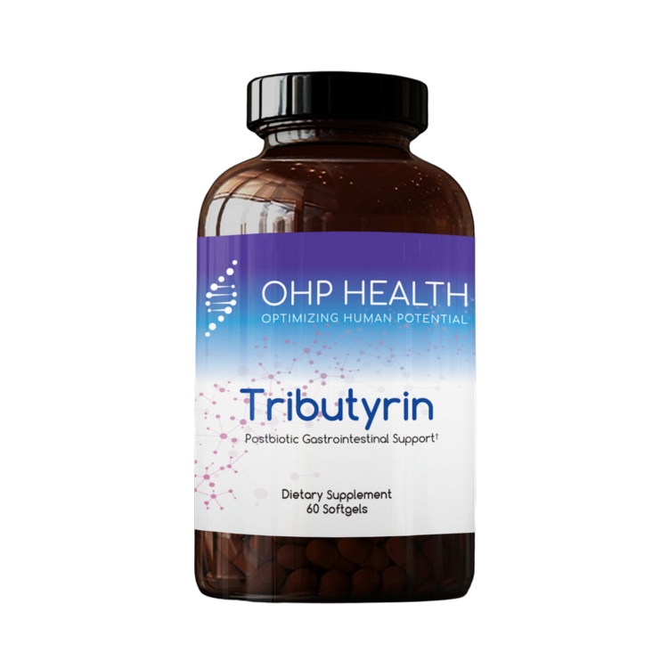 A bottle of Tributyrin 60ct by OHP Health.