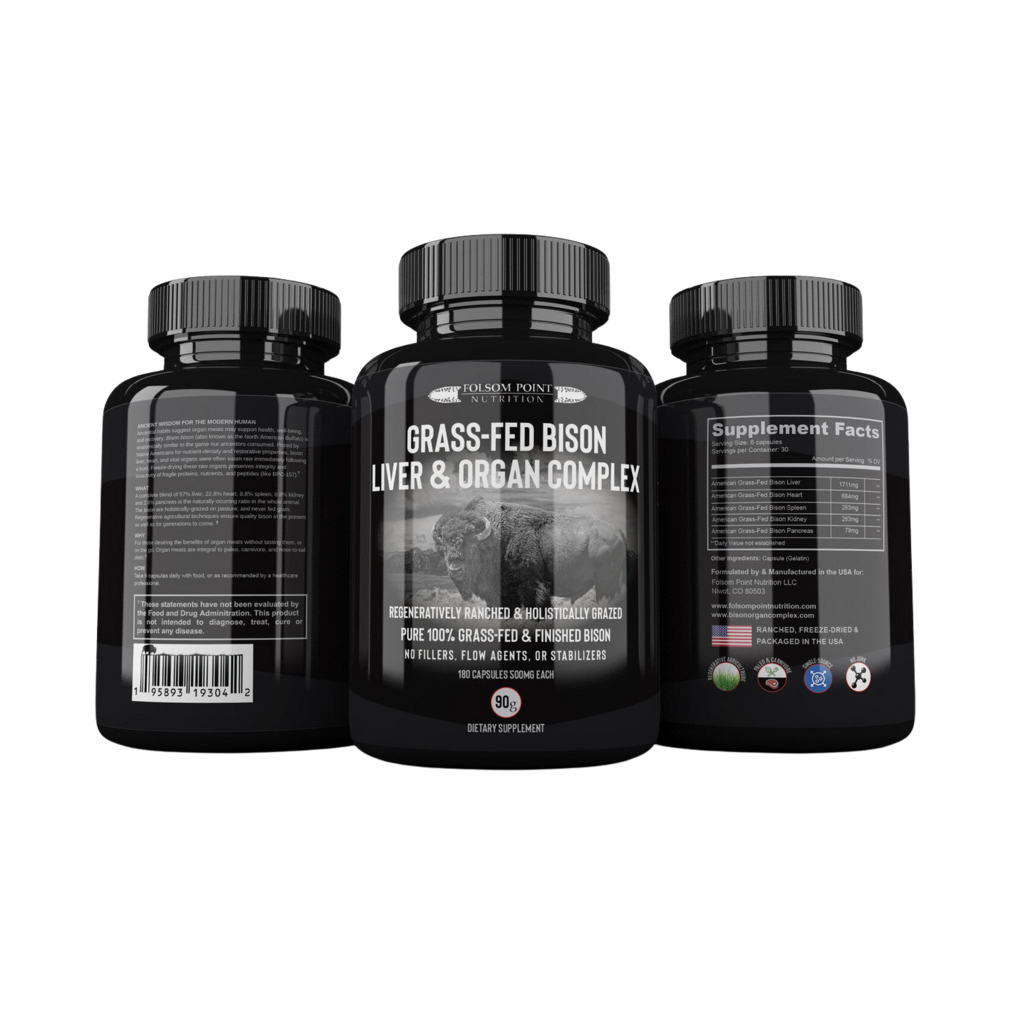A bottle of Paleo Plex (Grass-Fed Bison Liver & Organ Complex) supplements on a black background.