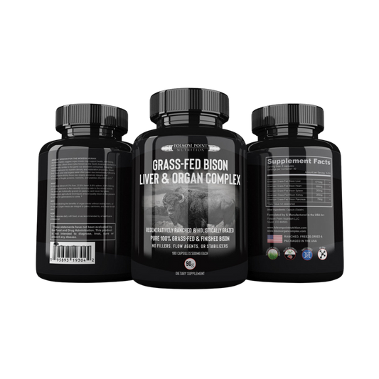 A bottle of Paleo Plex (Grass-Fed Bison Liver & Organ Complex) supplements on a black background.
