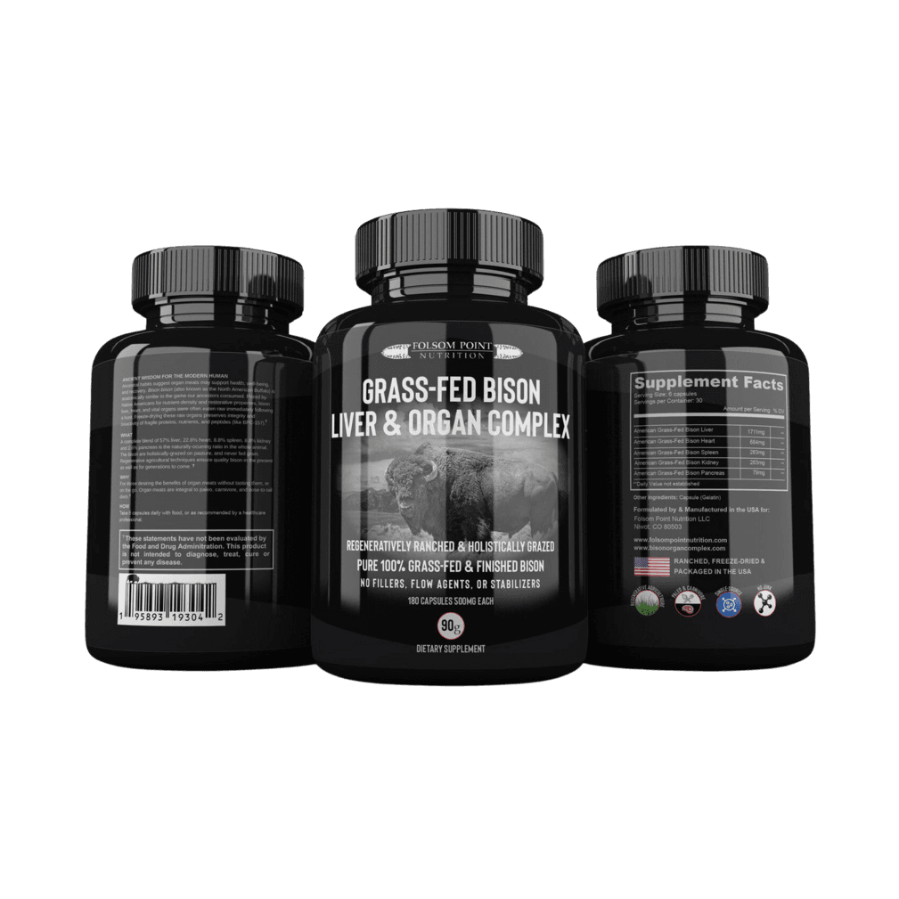 A bottle of Paleo Plex (Grass-Fed Bison Liver & Organ Complex) supplements on a black background.