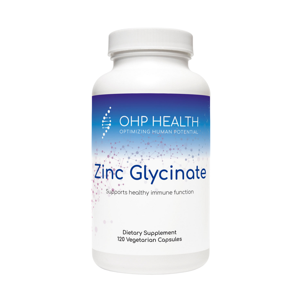 A bottle of Zinc Glycinate | 120 ct, OHP Health.