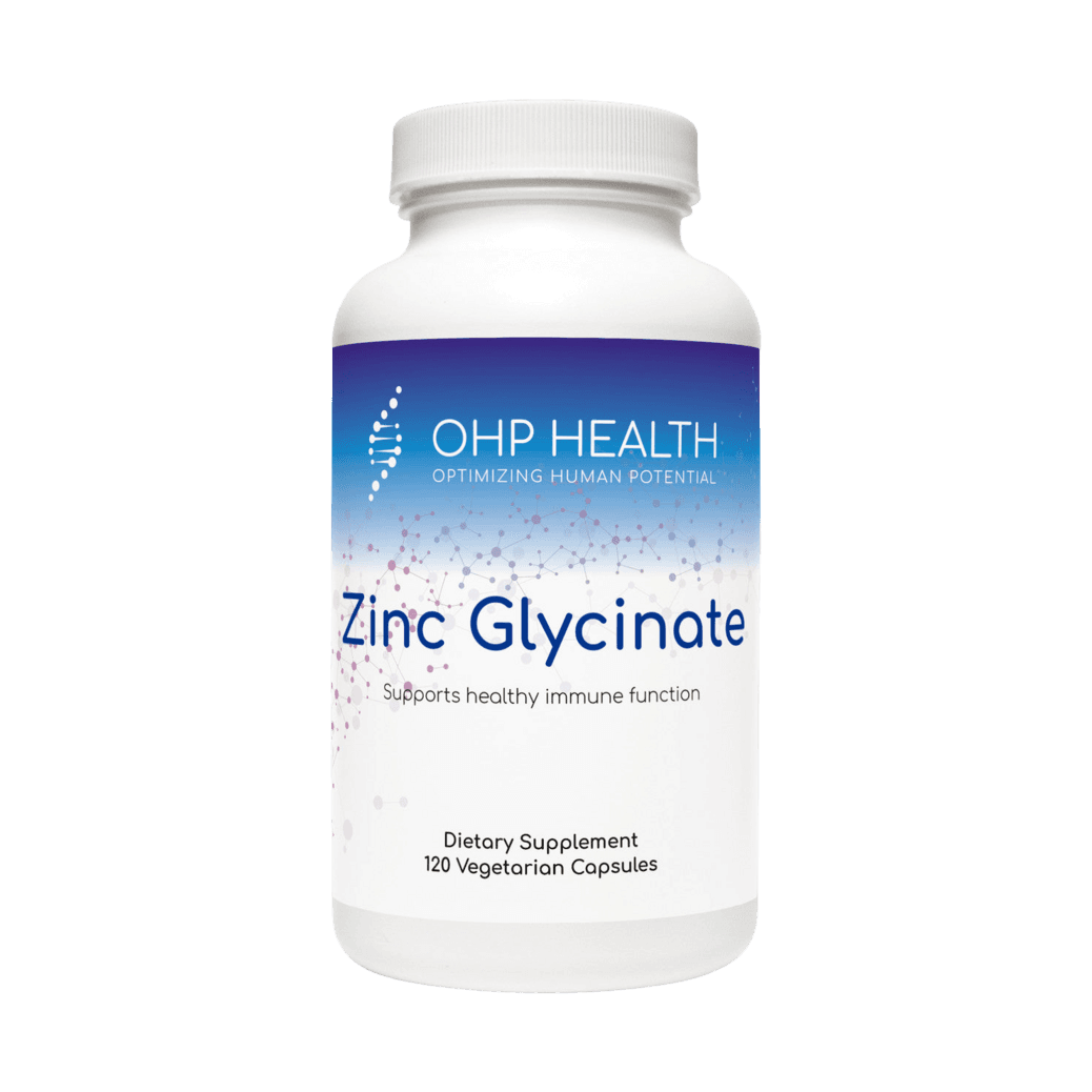 A bottle of Zinc Glycinate | 120 ct, OHP Health.