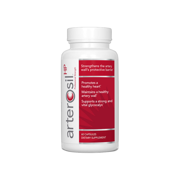 A bottle of Arterosil Artery Support with a red bottle on a black background.
