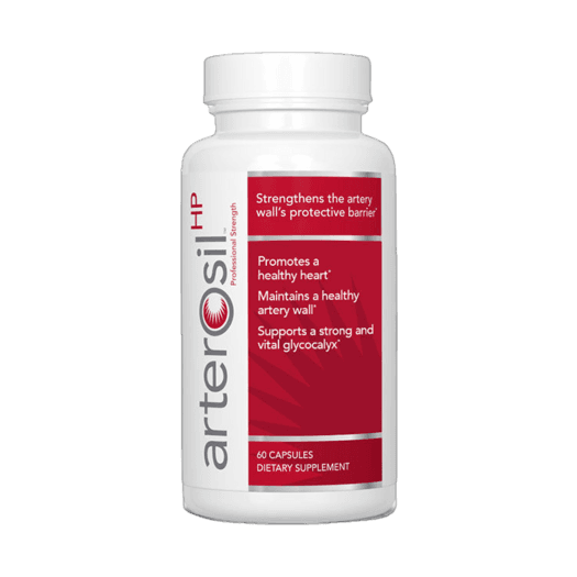 A bottle of Arterosil Artery Support with a red bottle on a black background.