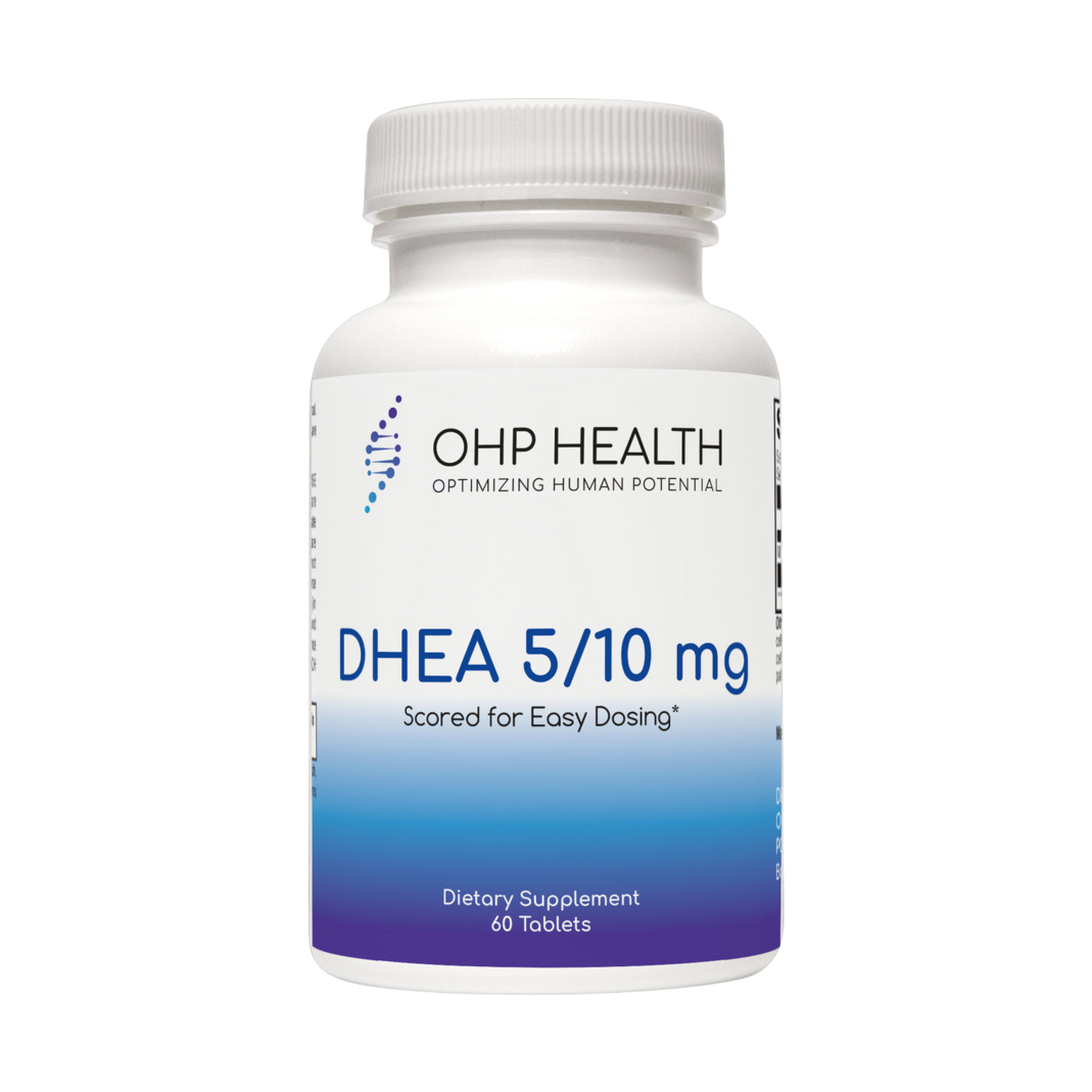 OHP Health DHEA 10mg (Scored) dietary supplement, features micronized DHEA for optimal absorption and hormonal balance, includes 60 tablets.