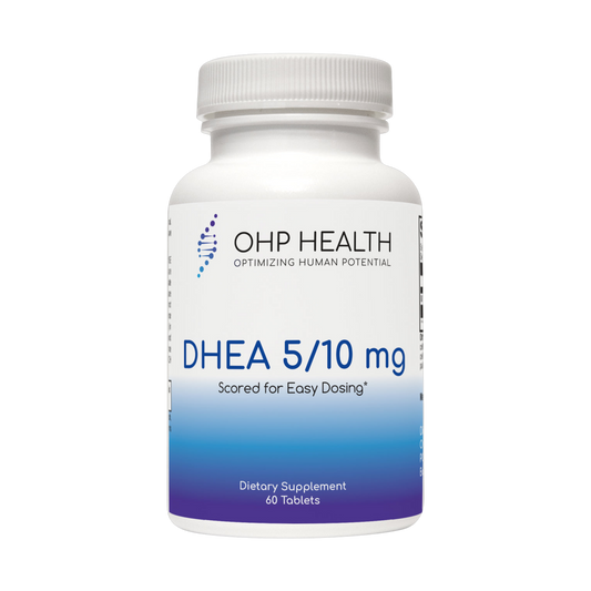 OHP Health DHEA 10mg (Scored) dietary supplement, features micronized DHEA for optimal absorption and hormonal balance, includes 60 tablets.