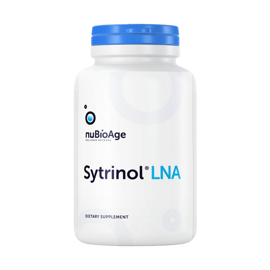 Sytrinol LNA supplement promoting longevity and OHP health displayed on black background.