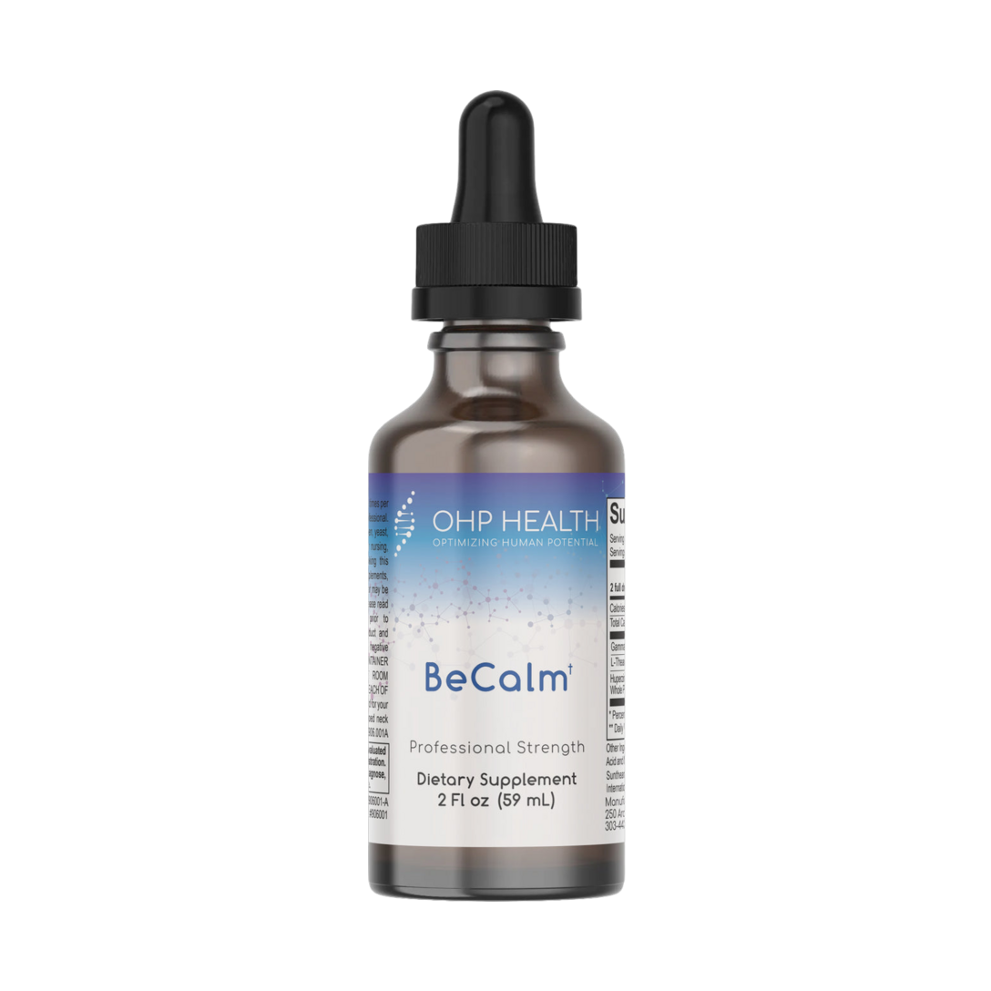 A bottle of BeCalm CBD oil by OHP Health on a black background.