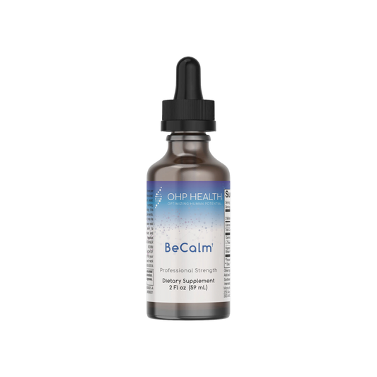A bottle of BeCalm CBD oil by OHP Health on a black background.