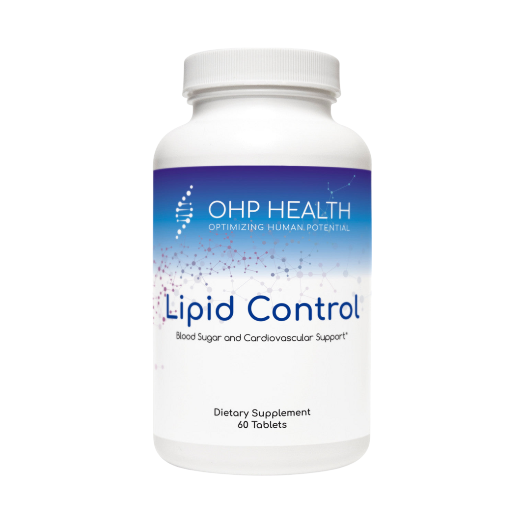 A bottle of Lipid Control|60 count by OHP Health, a supplement for lifespan health, on a black background.