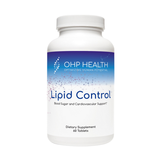 A bottle of Lipid Control|60 count by OHP Health, a supplement for lifespan health, on a black background.