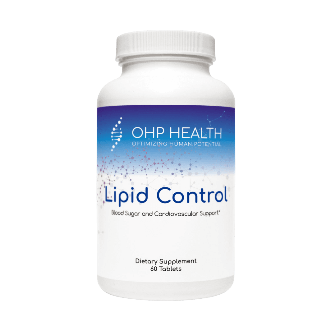 A bottle of Lipid Control|60 count by OHP Health, a supplement for lifespan health, on a black background.