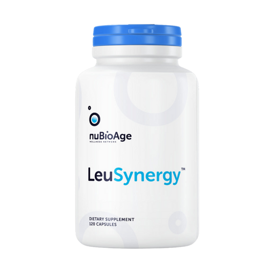 A bottle of LeuSynergy Compound | 120 Caps by Nubio Age on a black background.