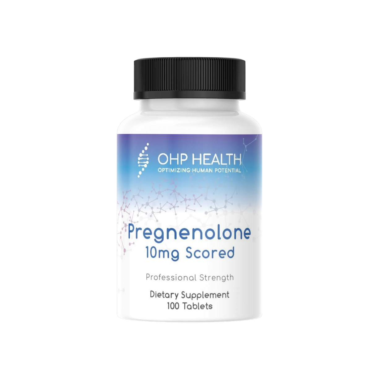 A bottle of OHP Health pregnenolone | 10mg Scored, 100 count linseed oil.