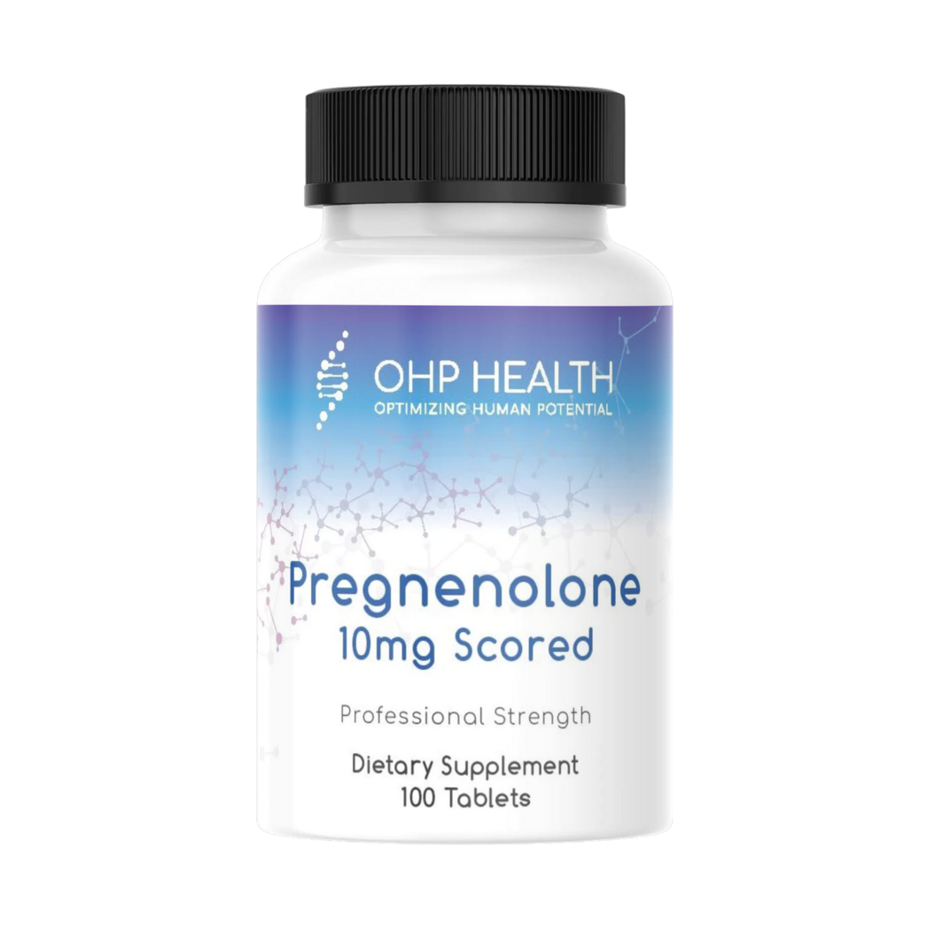 A bottle of OHP Health pregnenolone | 10mg Scored, 100 count linseed oil.