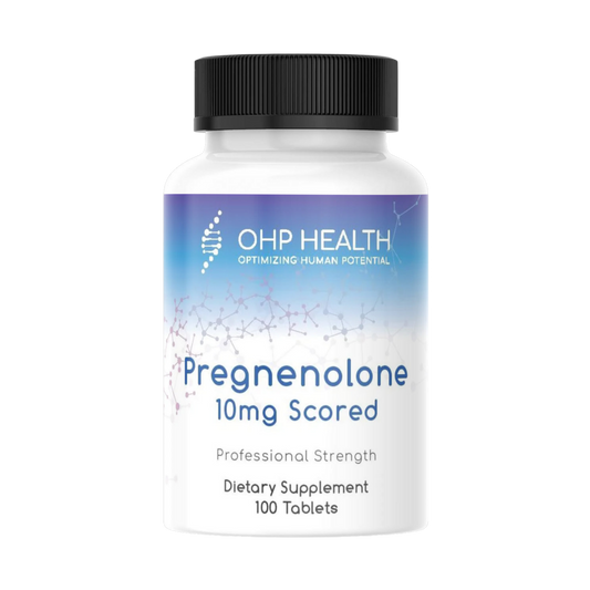 A bottle of OHP Health pregnenolone | 10mg Scored, 100 count linseed oil.