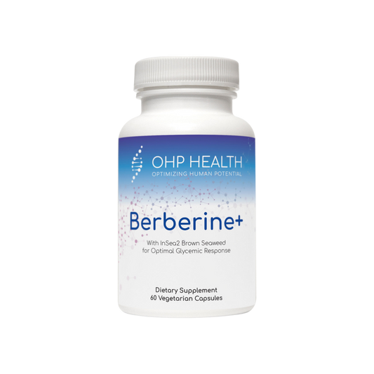 A bottle of Berberine+ | 60 caps with a white background by OHP Health.