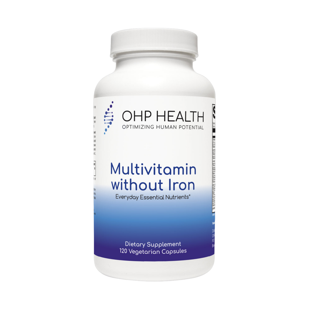 A bottle of Multivitamin Without Iron | 120 count by OHP Health.