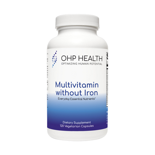 A bottle of Multivitamin Without Iron | 120 count by OHP Health.