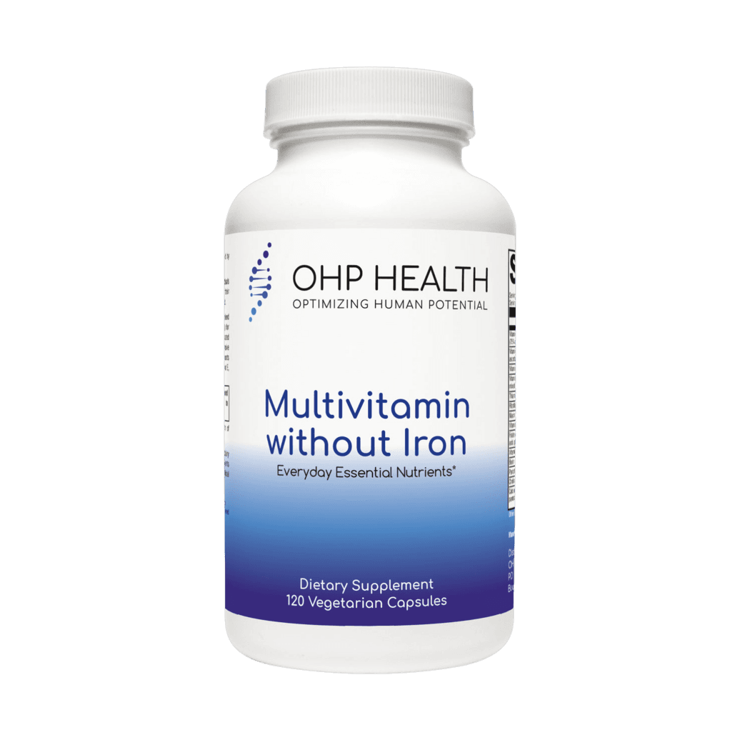 A bottle of Multivitamin Without Iron | 120 count by OHP Health.
