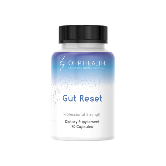 A bottle of Gut Reset | 90 caps by OHP Health with a black background.