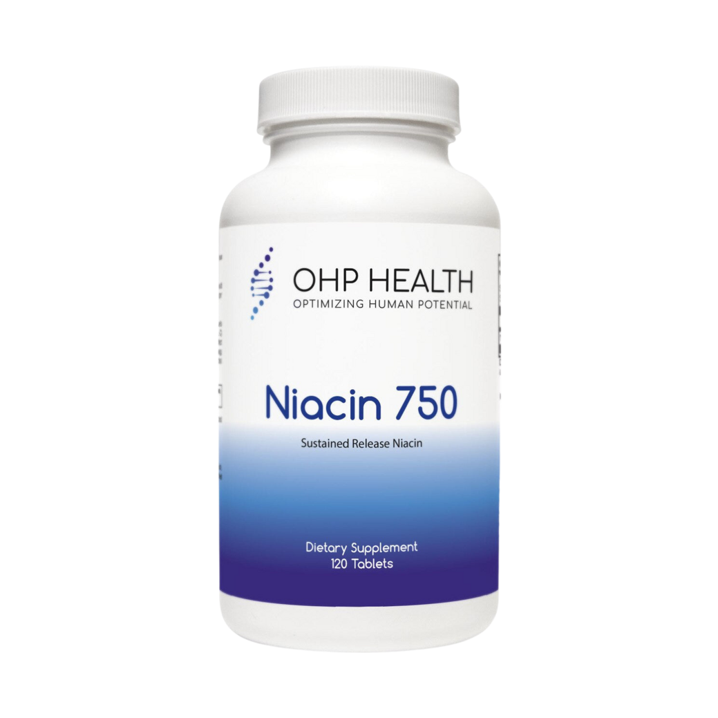A bottle of Niacin 750 | 120 count by OHP Health.
