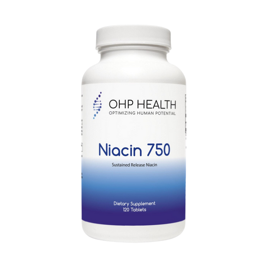 A bottle of Niacin 750 | 120 count by OHP Health.