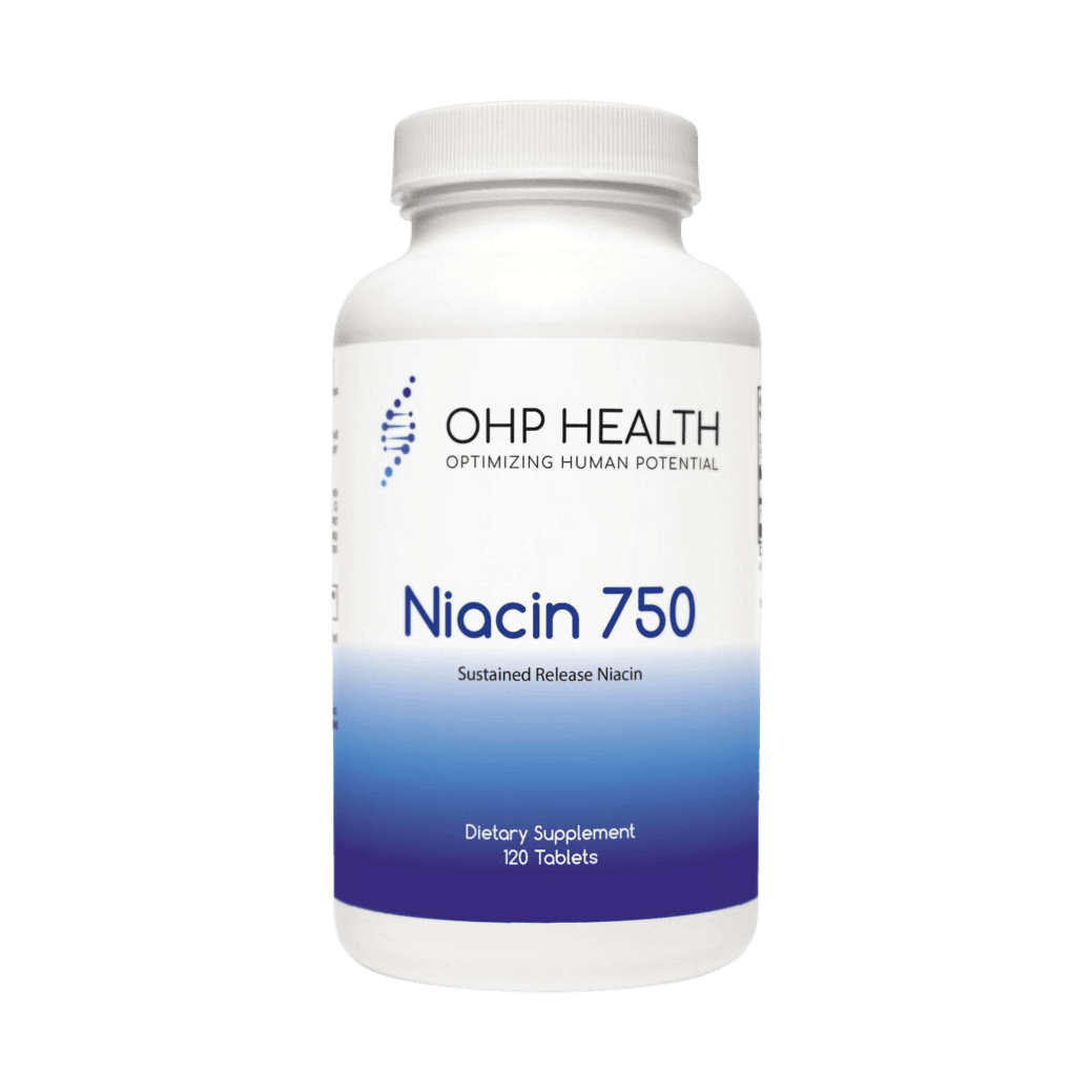 A bottle of Niacin 750 | 120 count by OHP Health.