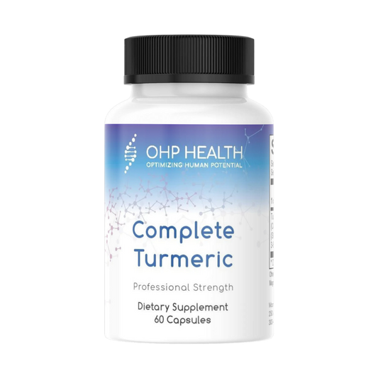 A bottle of Complete Turmeric by OHP Health with a black background.