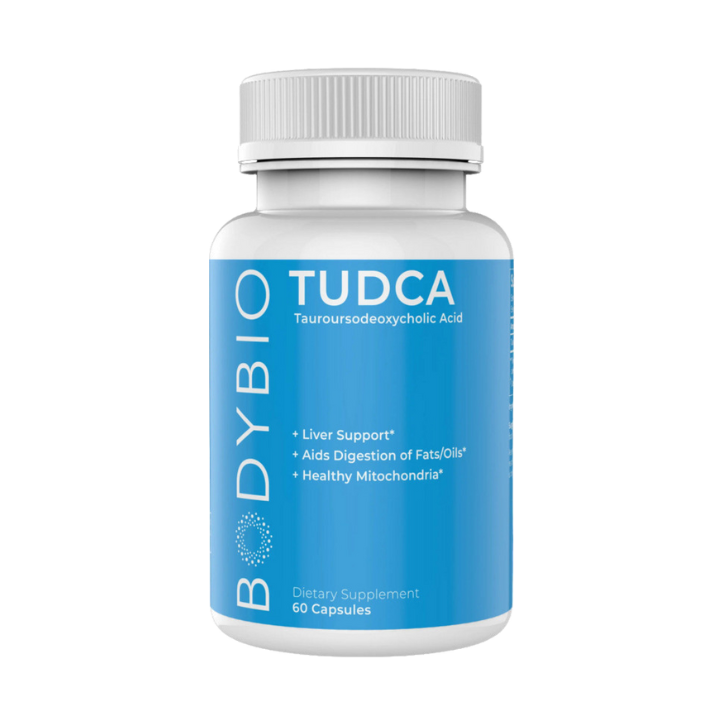 A bottle of TUDCA | 60 count by BodyBio on a black background.