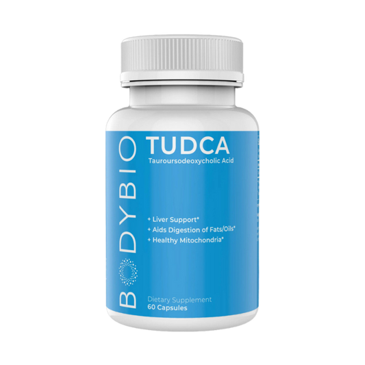 A bottle of TUDCA | 60 count by BodyBio on a black background.
