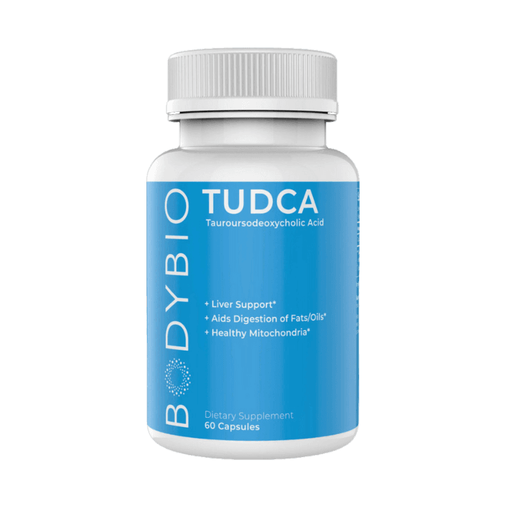 A bottle of TUDCA | 60 count by BodyBio on a black background.