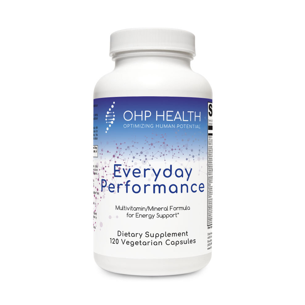The Everyday Performance 120c dietary supplement by OHP Health, designed to support energy and overall wellness, includes 120 vegetarian capsules.