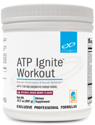 A 13.7 oz container of ATP Ignite™ Workout Mixed Berry by XYMOGEN®, a dietary supplement enriched with bioactive B vitamins, labeled as exclusive professional formulas.