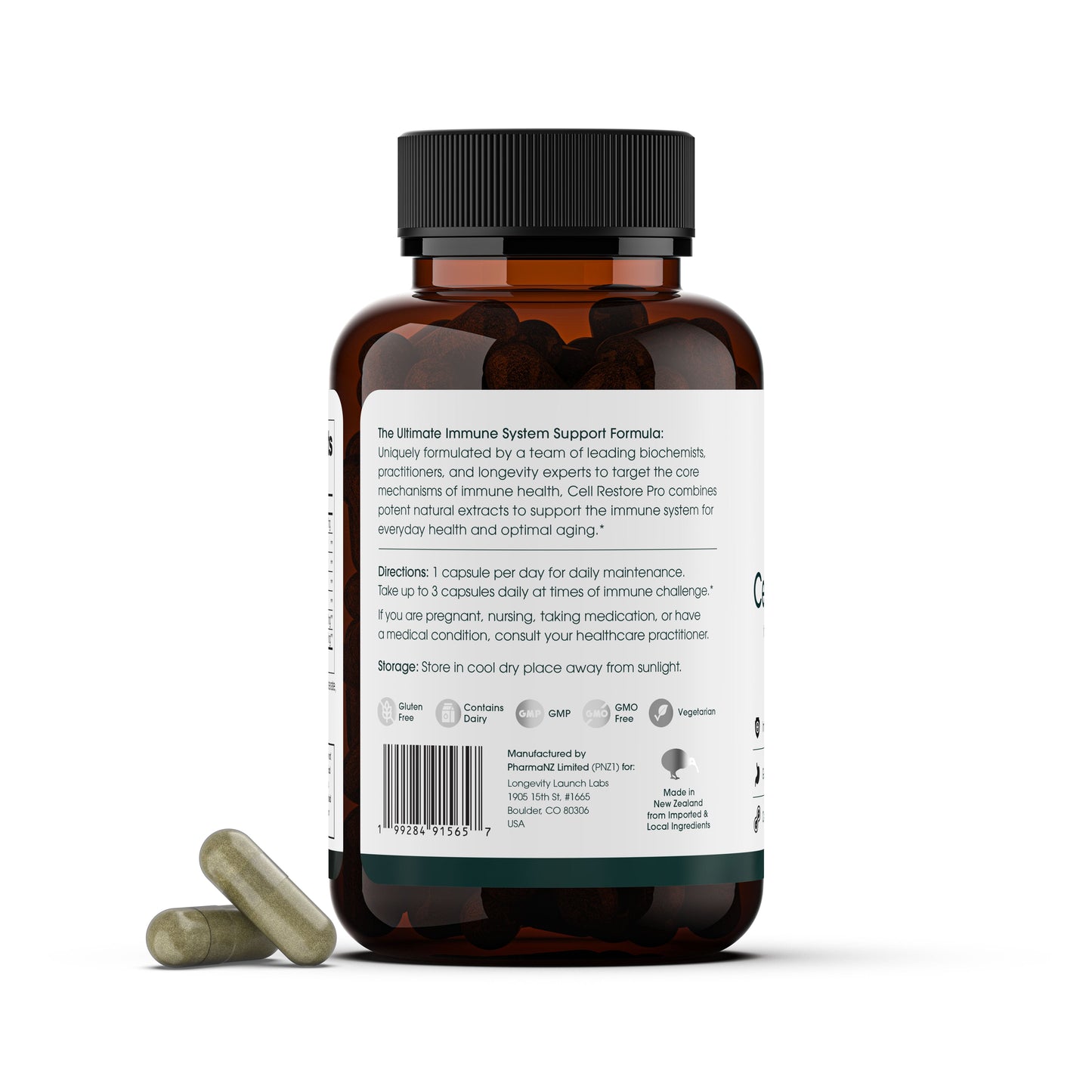 A brown bottle of Longevity Launch Labs Practitioner Store's Aevum Cell Restore Pro (90 Caps) is shown with a black cap and detailed label instructions, alongside three loose capsules.