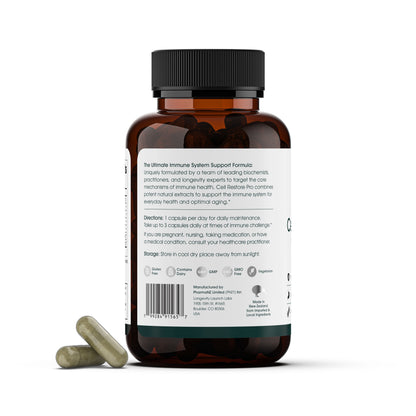 A brown bottle of Longevity Launch Labs Practitioner Store's Aevum Cell Restore Pro (90 Caps) is shown with a black cap and detailed label instructions, alongside three loose capsules.