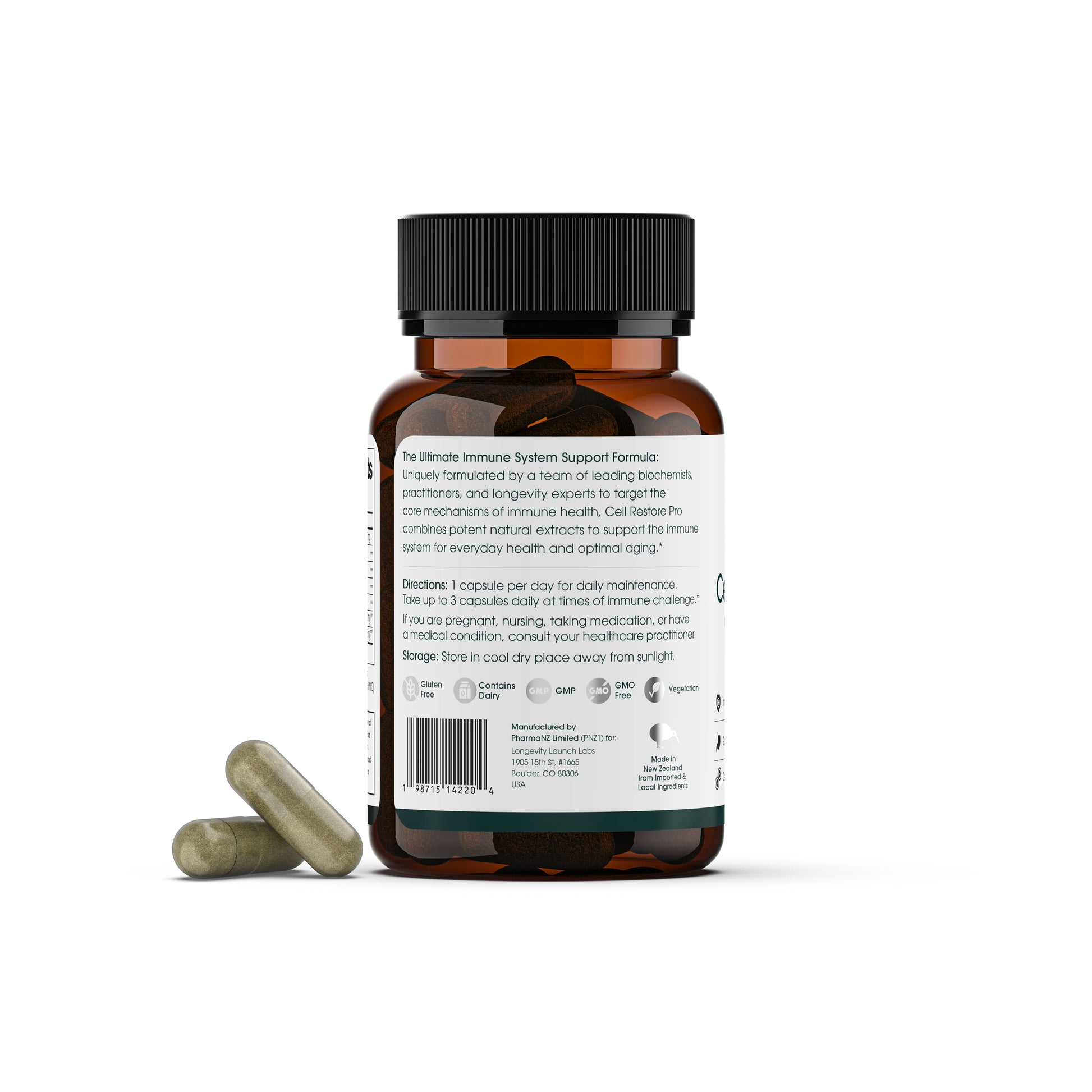 A brown bottle of Aevum Cell Restore 30 Caps from Longevity Launch Labs Practitioner Store with a white label sits on a white background. Two green capsules are placed beside the bottle.