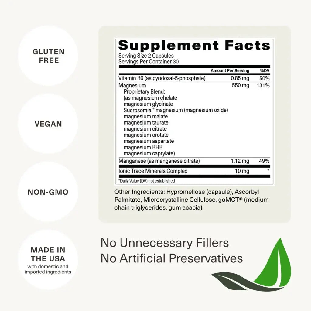 Supplement facts label for BiOptimizers Magnesium Breakthrough Advanced 10 60ct Capsules, showing ingredients, serving size, and Gluten Free, Vegan, Non-GMO, and Made in the USA certification icons.