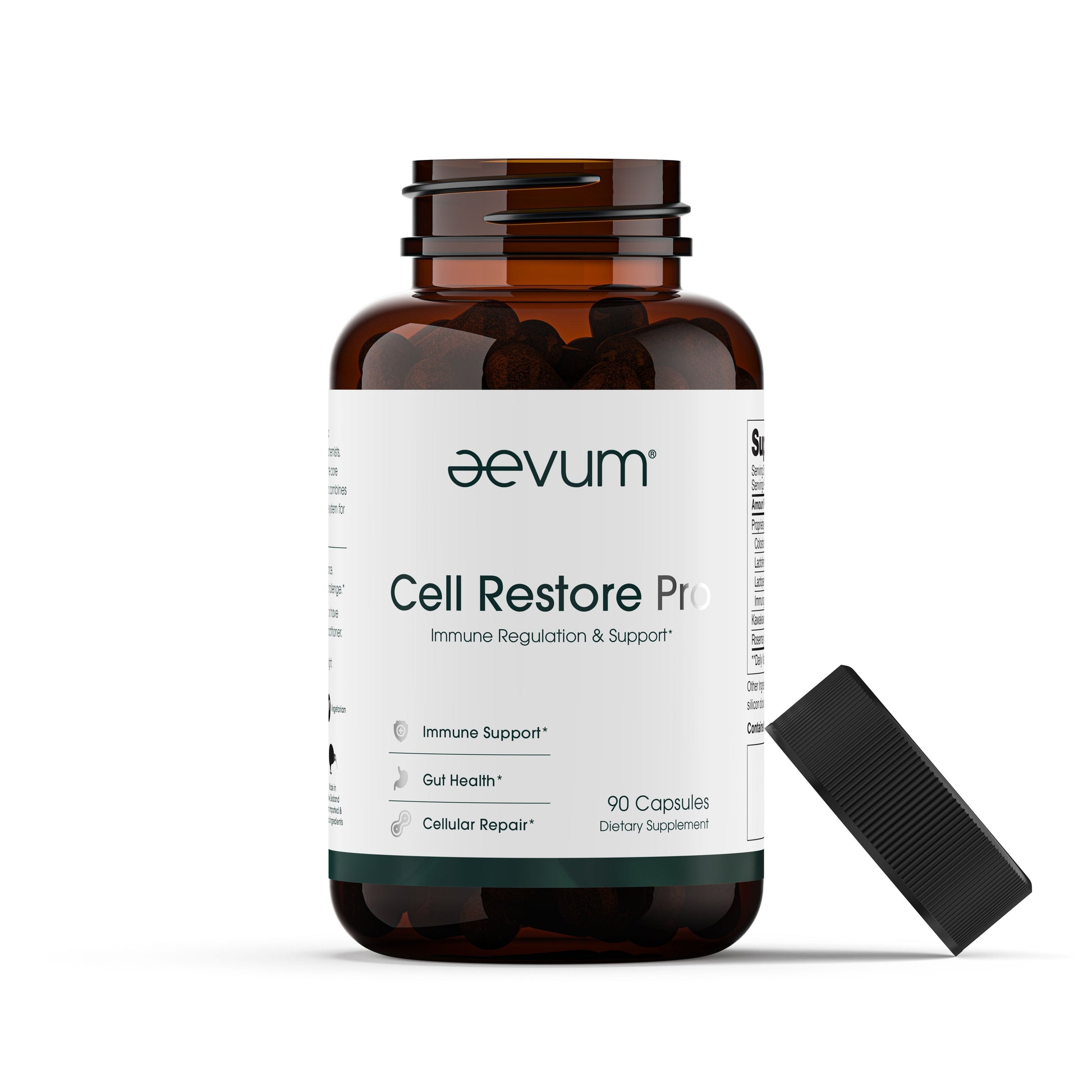 A brown bottle of Aevum Cell Restore Pro (90 Caps) by Longevity Launch Labs Practitioner Store is shown with the lid off and capsules beside it.