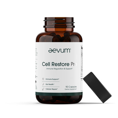 A brown bottle of Aevum Cell Restore Pro (90 Caps) by Longevity Launch Labs Practitioner Store is shown with the lid off and capsules beside it.