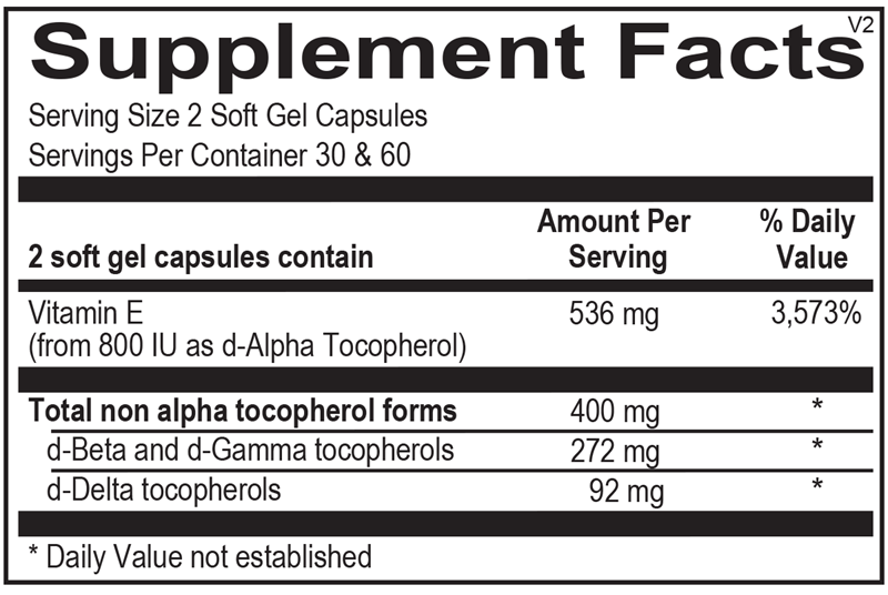 OHP Health Vitamin E Pro (60 count) Supplement Facts: Serving size—2 softgels with 536 mg Vitamin E, including 272 mg d-Gamma and 92 mg d-Delta tocopherols; provides 400 mg total non-alpha tocopherols for antioxidant and cardiovascular support.