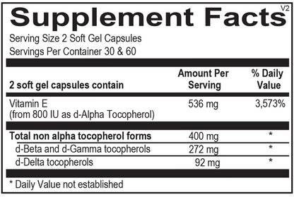 OHP Health Vitamin E Pro (60 count) Supplement Facts: Serving size—2 softgels with 536 mg Vitamin E, including 272 mg d-Gamma and 92 mg d-Delta tocopherols; provides 400 mg total non-alpha tocopherols for antioxidant and cardiovascular support.